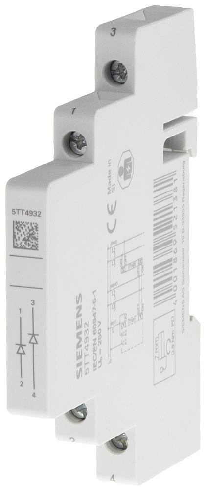 'Elektrotechnisch onderdeel van Siemens, modelnummer 5TT4932, met technische details en diagram op de voorzijde.'