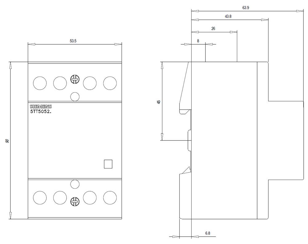 Technische tekening van een elektrisch apparaat met afmetingen. Voor- en zijaanzicht tonen details en afmetingen in millimeters.
