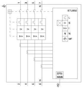 Schakelschema van een elektrisch apparaat, met vier schakelaars en labels 'ETU850', 'L', 'I', 'S', 'IN', 'N', 'MF'. Toont verbindingen en kanalen.