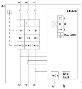 Bedradingsschema van een elektrische beschermingseenheid met ETU556, toont instellingen voor overstroomrelais (L, S, I) en aansluitpunten (N-CT, EFB/MMB).