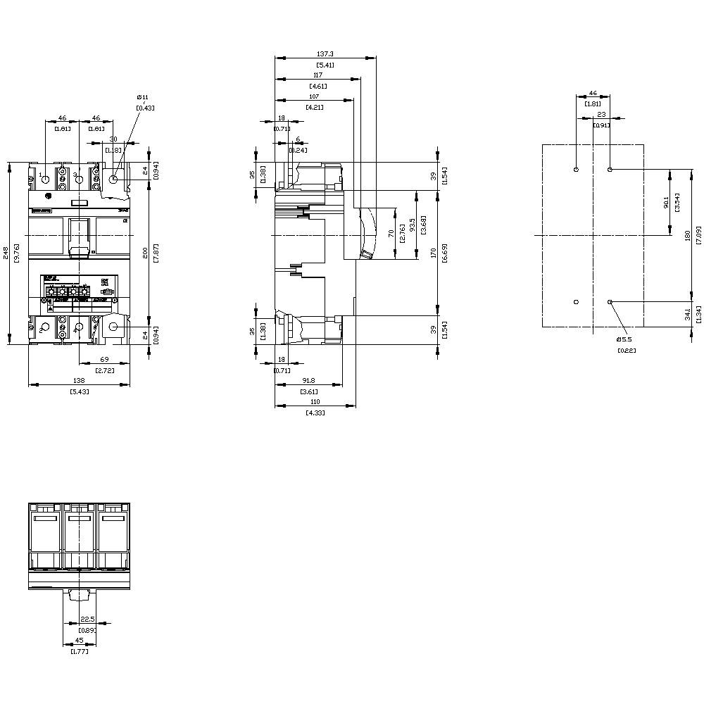 Technische tekening van een elektrische schakelaar met gedetailleerde afmetingen en aantekeningen. Bevat vooraanzicht, zijaanzicht en bovenaanzicht.