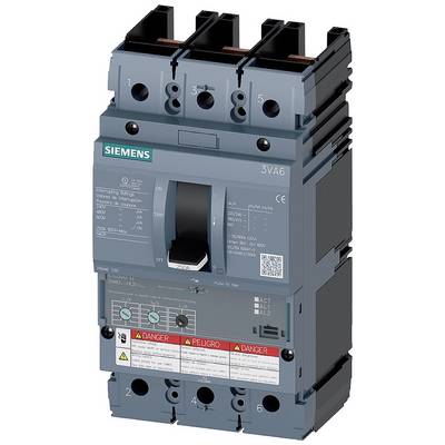 Op de afbeelding staat een Siemens-vermogensschakelaar 3VA6 met drie poolaansluitingen en markeringen voor veiligheids- en bedieningsinstructies.