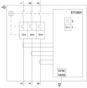 Bedradingsschema van een elektrisch beveiligingsapparaat met labels 'L', 'I', ETU320 en EFB/MMB. Verbindingen en aansluitingen zijn gemarkeerd.
