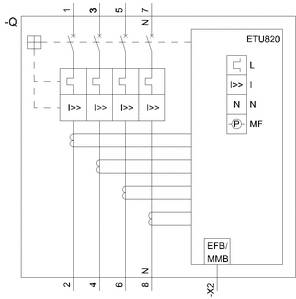 Schakelschema voor vermogensschakelaar ETU820, toont 4 zekeringen en bedieningselementen, met aansluitingen gemarkeerd als Q, X1, X2.