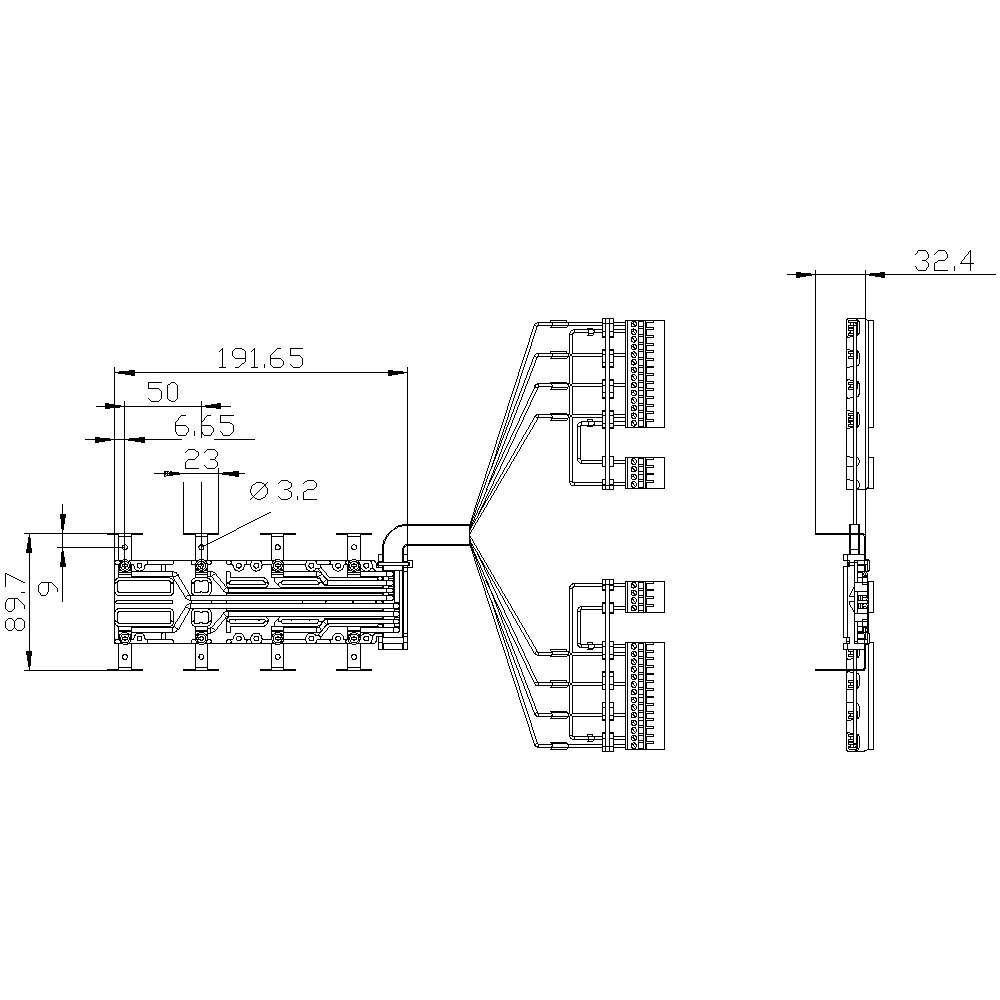 Technische tekening van een elektrisch schema. Toont details en afmetingen van componenten met verbindingen en aansluitingen.