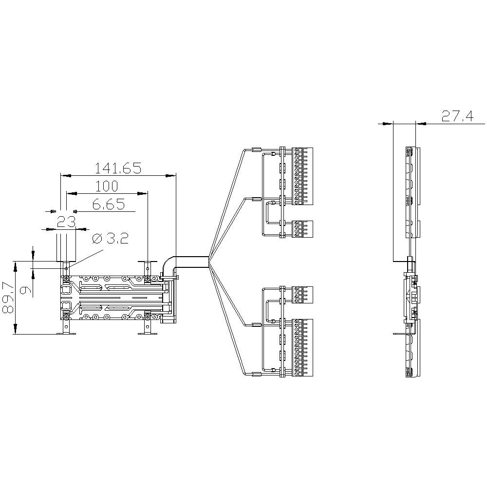 Technische tekening van een elektronisch apparaat met nauwkeurige maatvoering, kabelaansluitingen naar aansluitingen en zijaanzicht.