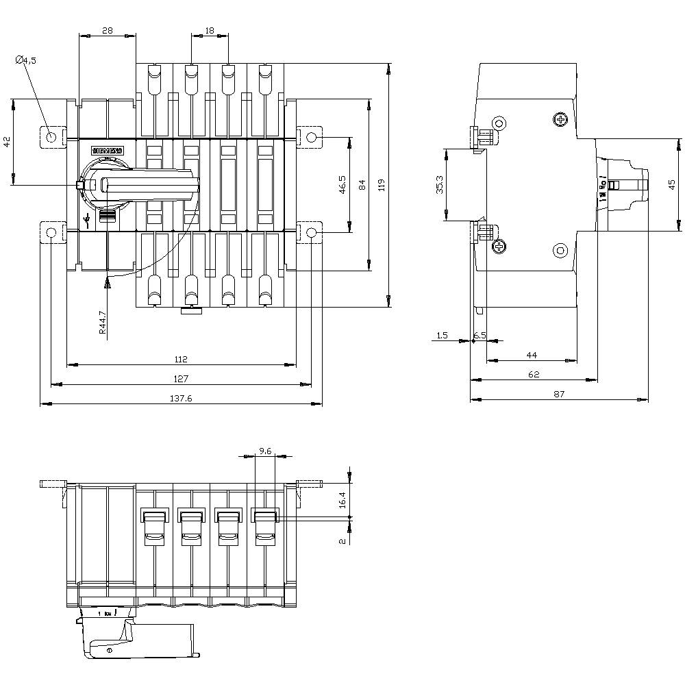 Technische tekening van een schakelaar met afmetingen en aanzichten van voren, boven en zijkant, toont nauwkeurige afmetingen en montagebevestigingspunten.
