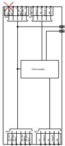 Schakelschema van een communicatiesysteem met componenten. Een onderdeel in de linkerbovenhoek is gemarkeerd met een rode X.
