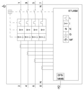 Schakelschema van een elektrische beveiligingsinrichting met zekeringen, gemarkeerd met 'ETU830'. Toont verbindingen en labels zoals 'L', 'N', 'G', 'EFB/MMB'.
