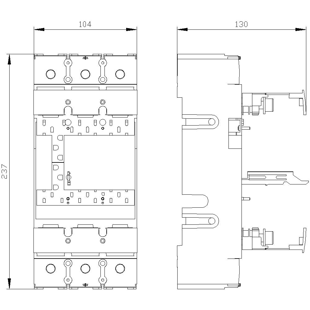 'Technical drawing of an electrical switch, front and side view with dimensional specifications: height 237 mm, width 104 mm and 130 mm.'