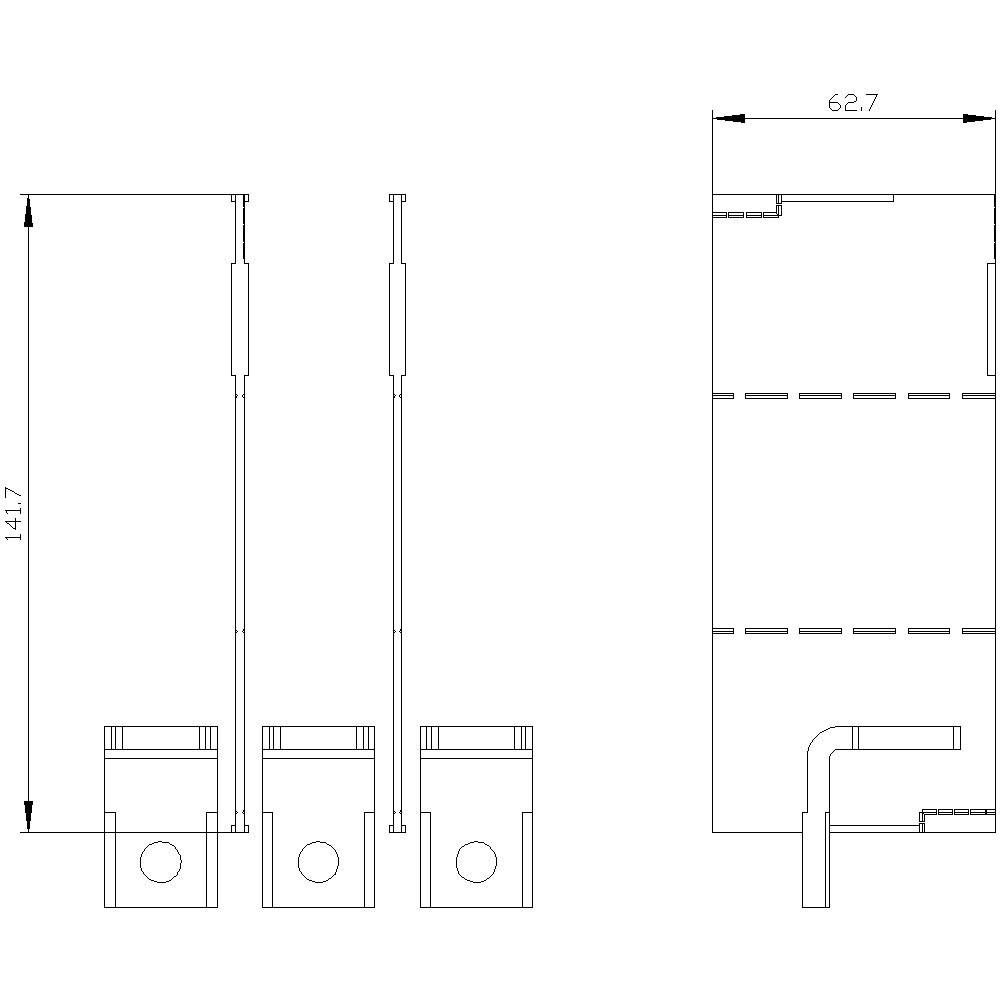 Technische tekening van een kast met vier deuren met afmetingen; Hoogte 1417 mm, Breedte 627 mm. Vooraanzicht en zijaanzicht.