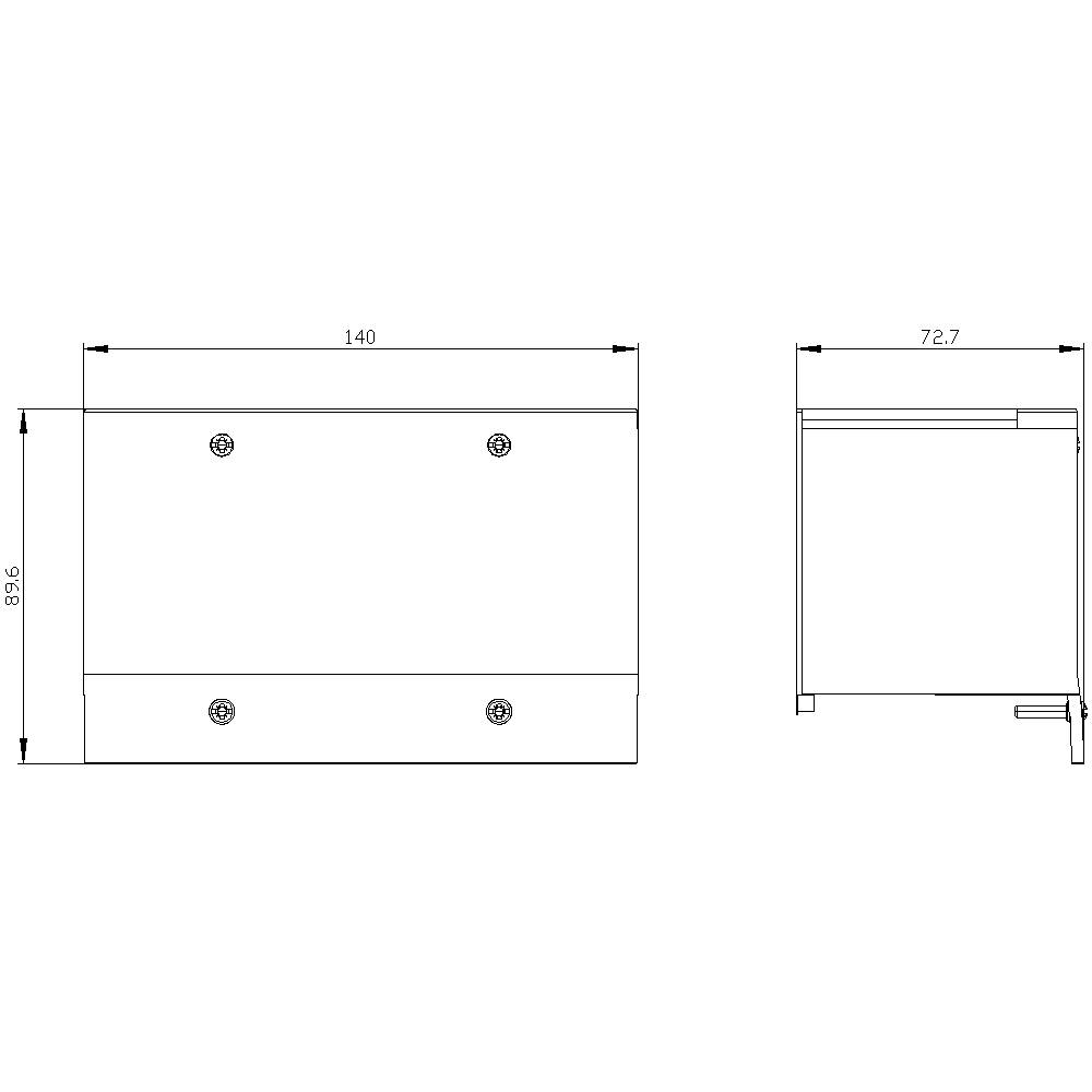 Technische tekening toont twee aanzichten van een rechthoekige doos met afmetingen: breedte 140 cm, hoogte 83,6 cm, diepte 72,7 cm.