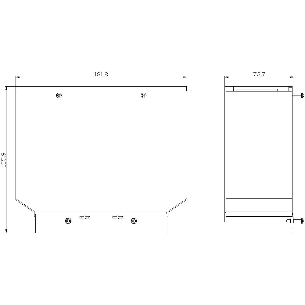 Technische tekening van een rechthoekig object met afmetingen van 181,8 mm breedte, 155,9 mm hoogte en 73,7 mm diepte, getoond van opzij en van voren.