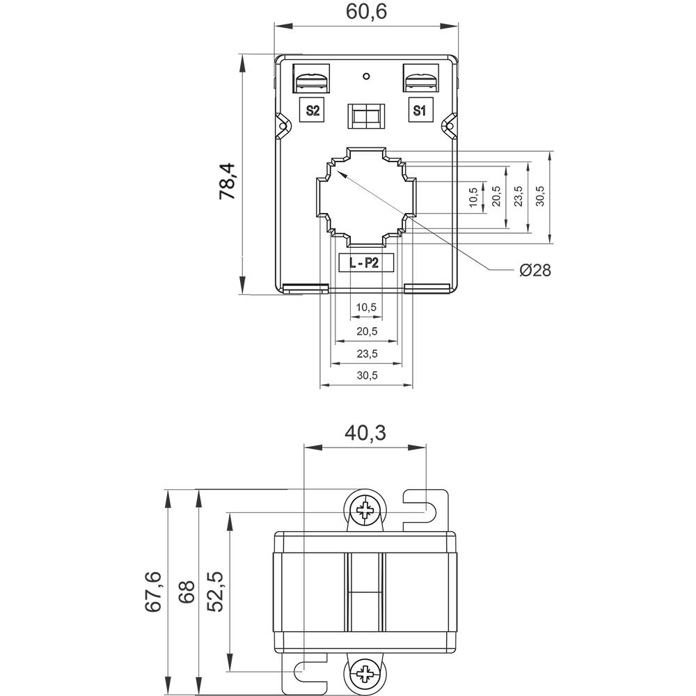 Technische tekening van een elektrisch onderdeel met afmetingen: hoogte 78,4 mm, breedte 60,6 mm, diepte 40,3 mm. Markeringen voor S1 en S2.