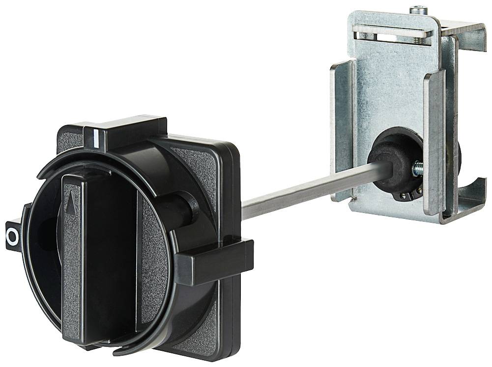 Een zwarte vierkante schakelaarafdekking met een lange metalen staaf die aan een metalen frame is bevestigd.