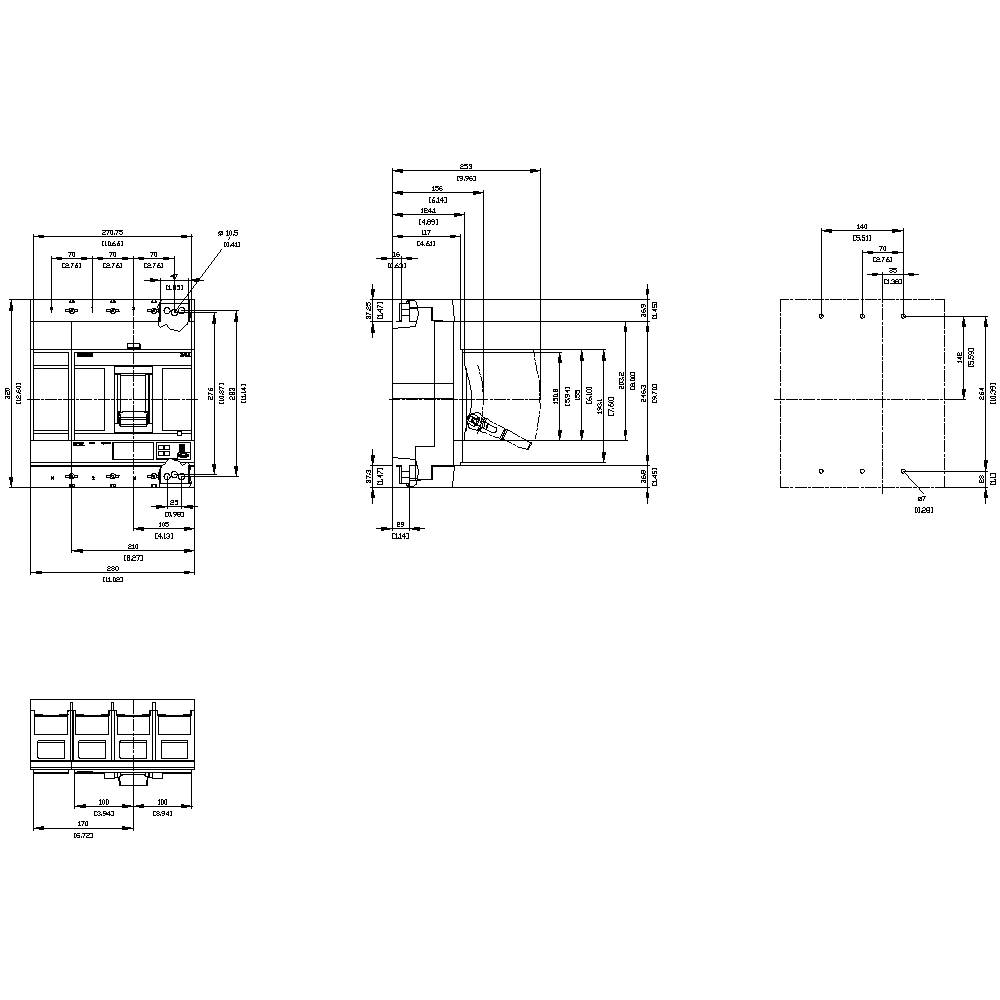 Technische tekening van een machine met meerdere aanzichten en maatvoering in millimeters. Toont vooraanzicht, zijaanzicht en bovenaanzicht.