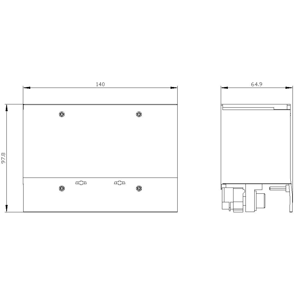 Technische tekening van een rechthoekig apparaat met twee aanzichten: Vooraanzicht toont afmetingen van 140 x 97,8 mm, zijaanzicht 64,9 mm diepte.