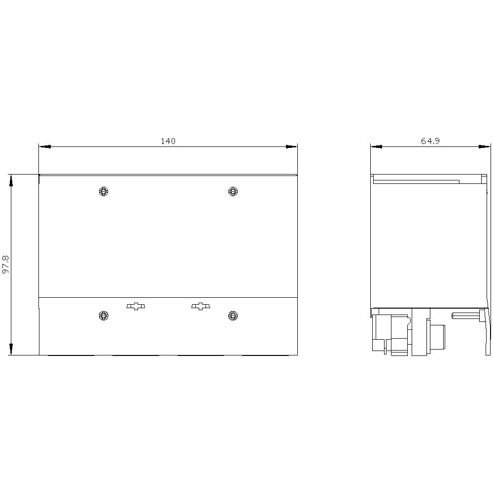 'Technische tekening van een rechthoekig apparaat met afmetingen: breedte 140 mm, hoogte 97,8 mm, diepte 64,9 mm.'
