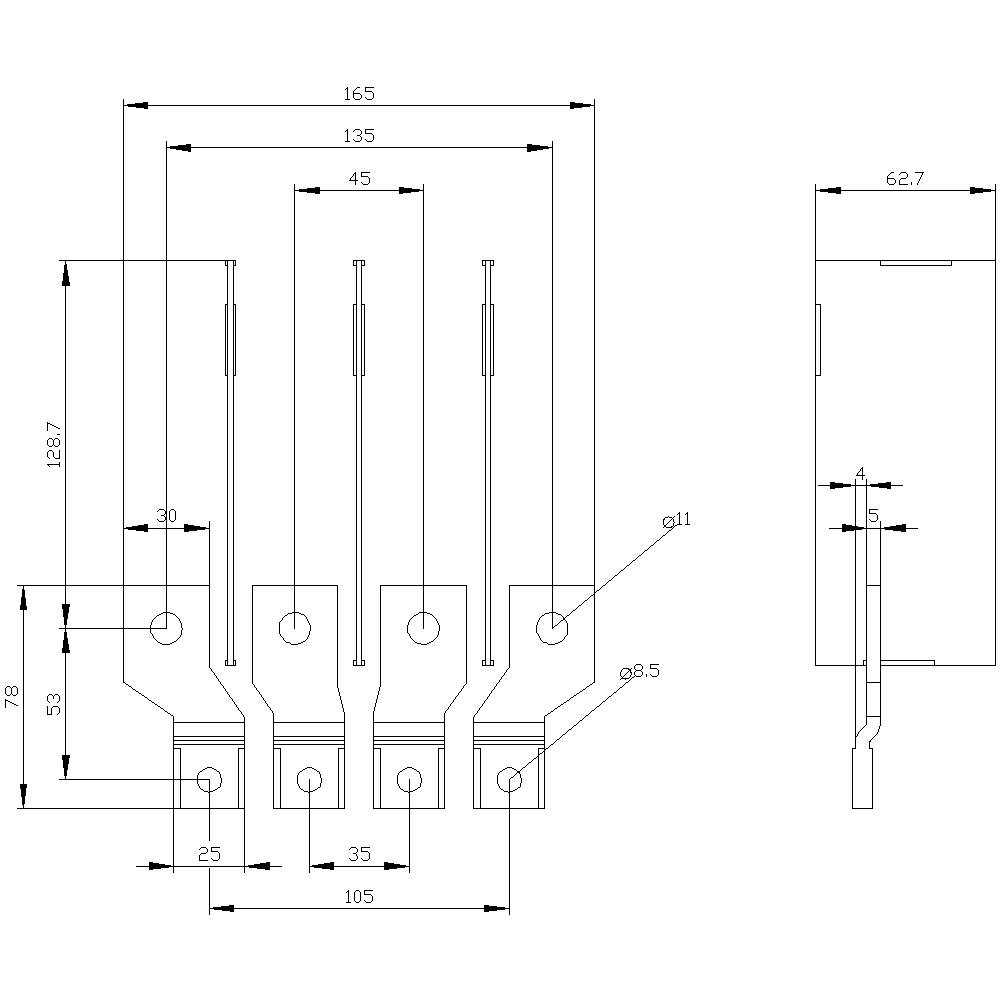 Technische tekening van een stekkerstrip met vier contactpennen. Hoofdafmetingen zijn 165 mm lengte, 128,7 mm hoogte, 76 mm breedte.