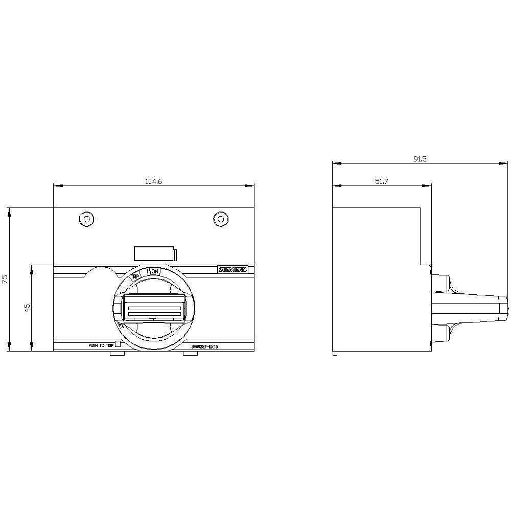 Technische tekening van een apparaat met voor- en zijaanzicht, inclusief afmetingen: breedte 104,6 mm, hoogte 75 mm, diepte 95,5 mm.