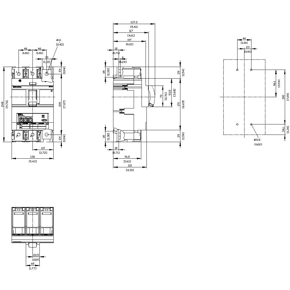 Technische tekening van een elektrische schakelkast met gedetailleerde afmetingen en aansluitingen, inclusief voor- en zijaanzicht.