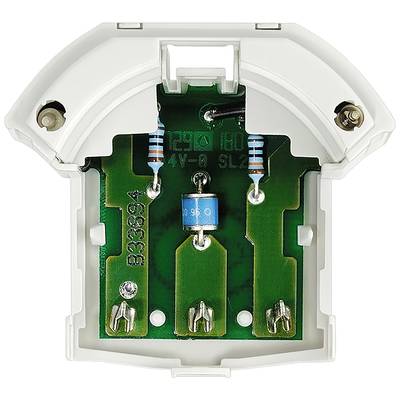 Elektronisch onderdeel in een wit behuizing met zichtbare weerstanden en aansluitingen.