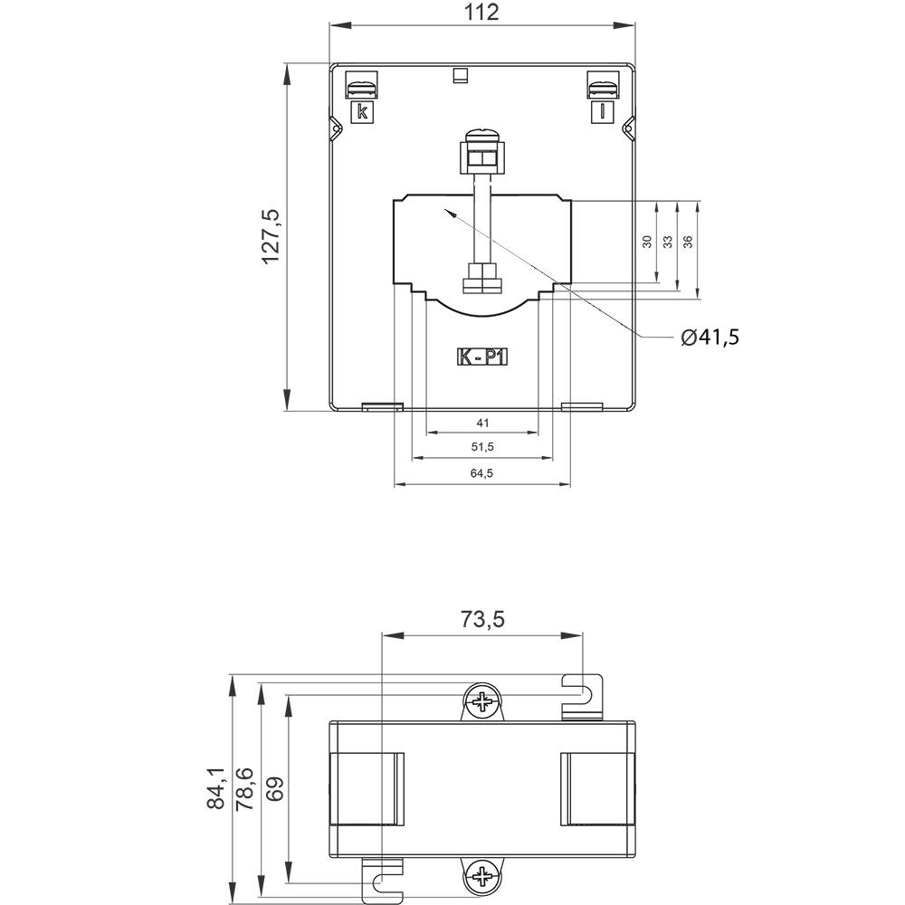 Technische tekening van een elektrische schakelaar met afmetingen: 112 mm breedte, 127,5 mm hoogte, 73,5 mm diepte; toont schakelaarconfiguratie en schroeflocaties.