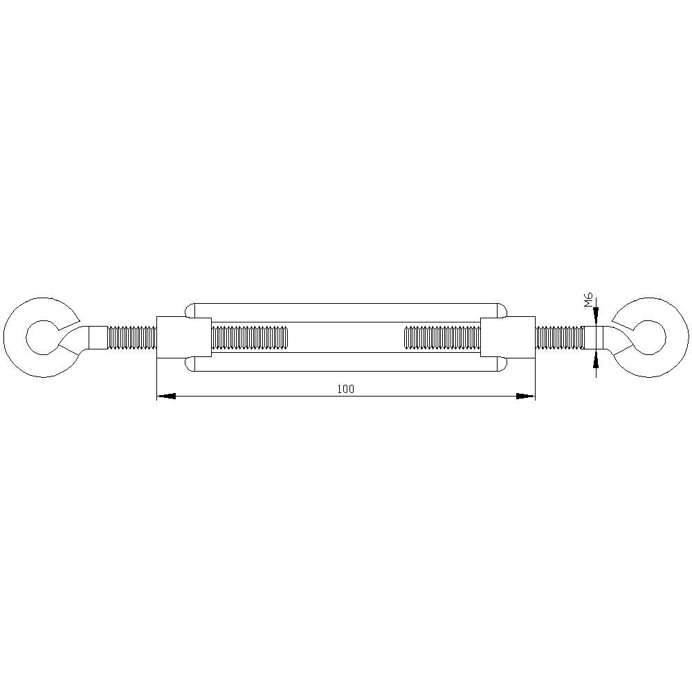 Tekening van een spanschroef met ogen aan beide uiteinden, een lengte van 100 mm en een diameter van 16 mm.