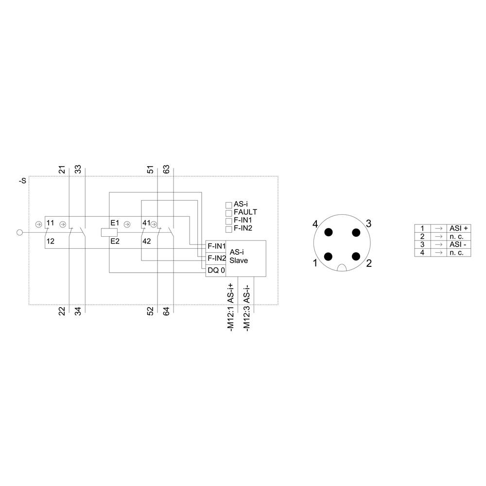 Schematische weergave van een elektrisch bedradingsschema met pinbezetting van een stekker. Details met betrekking tot ASI-Fault en ASI-Slave worden getoond.