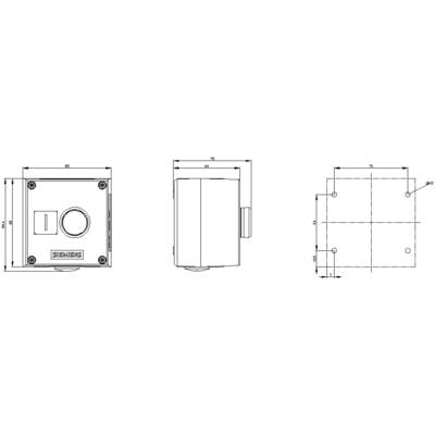 Technische tekening van een rechthoekige schakelaar met afmetingen. Vooraanzicht, zijaanzicht en bovenaanzicht tonen details van de bevestigingspunten.