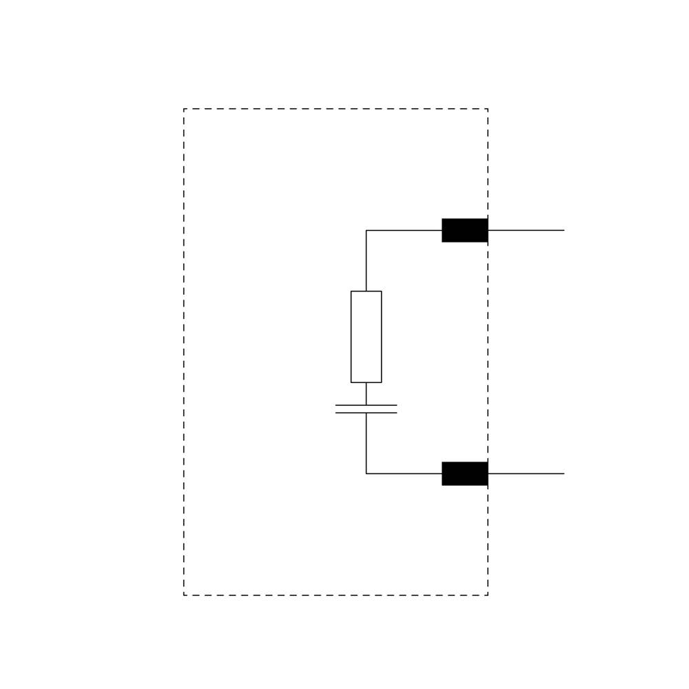 Elektrisch schakelsymbool met weerstand en aarding, omlijst door een stippellijn. Hoofdcomponenten van een schakelsysteem weergegeven.