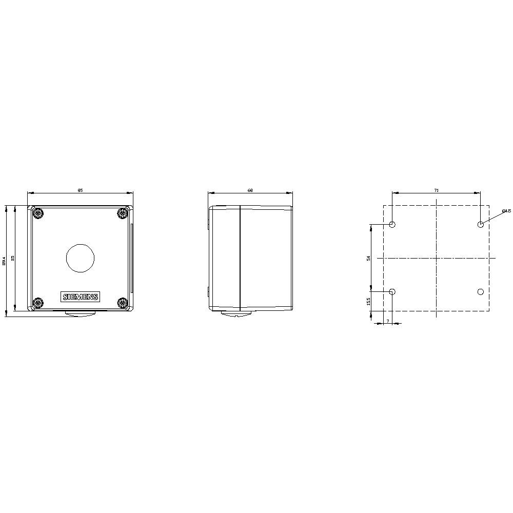 Technische tekening van een vierkant behuizing met afmetingen: breedte 68 mm, diepte 60 mm, boringen in de hoeken en het midden.