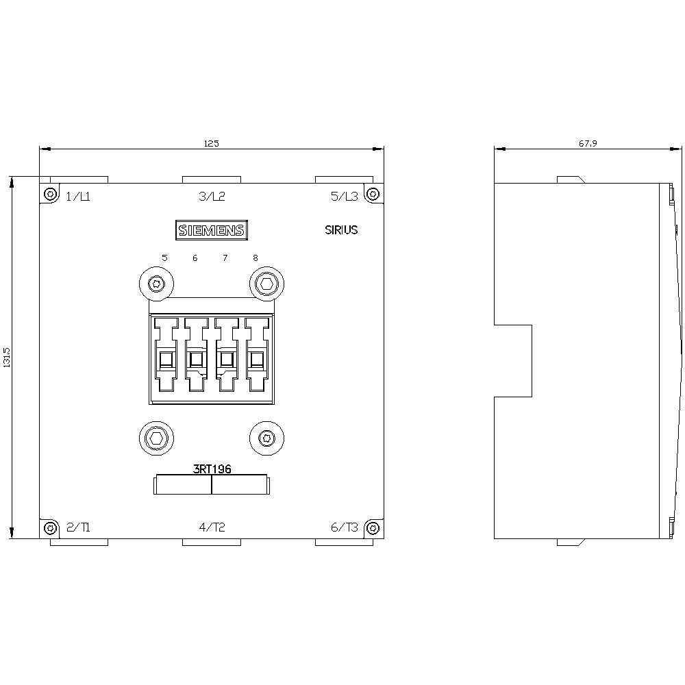 Technische tekening van een Siemens schakeltoestel. Vooraanzicht toont aansluitingen en labels, zijaanzicht toont de diepte. Afmetingen: 125 x 67,9 mm.