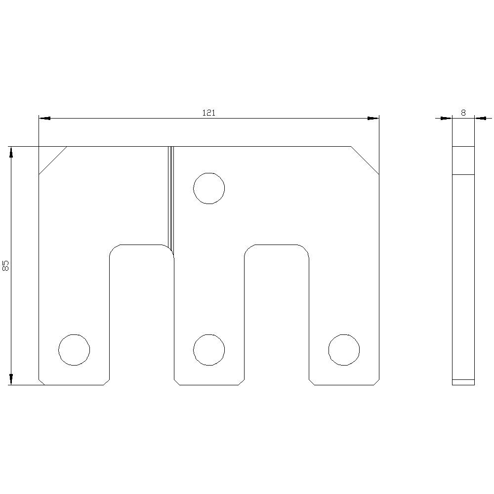 Technische tekening van een metalen onderdeel met afmetingen: breedte 121 mm, hoogte 85 mm, dikte 8 mm. Onderdeel bevat twee ronde gaten en een groef.
