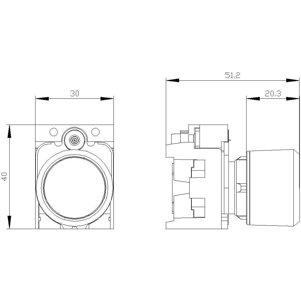 Technische tekening van een cilindrisch object met afmetingen. Vooraanzicht toont breedte 30 mm en hoogte 40 mm, zij-aanzicht toont diepte 51,2 mm en 20,3 mm.