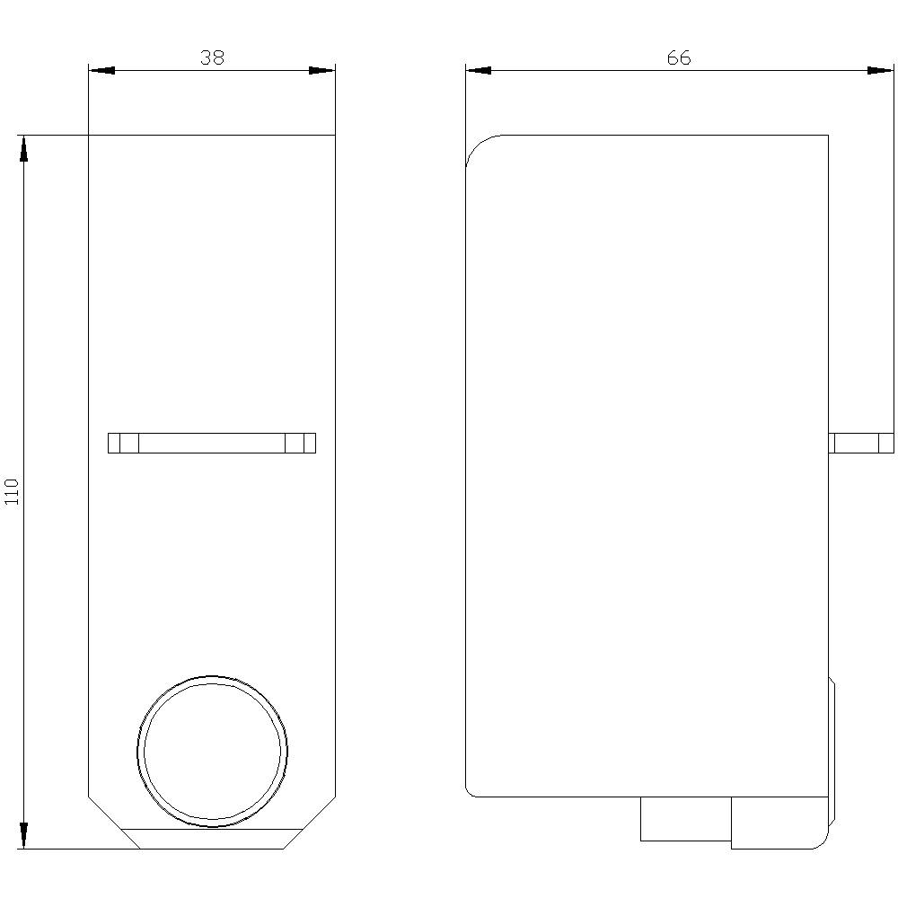 Tekening van een rechthoekig object met een rond element linksonder, afmetingen: 110x38x66.