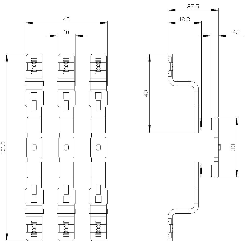 Technische tekening van drie verticaal naast elkaar geplaatste objecten met afmetingen in millimeters; zij- en vooraanzichten.