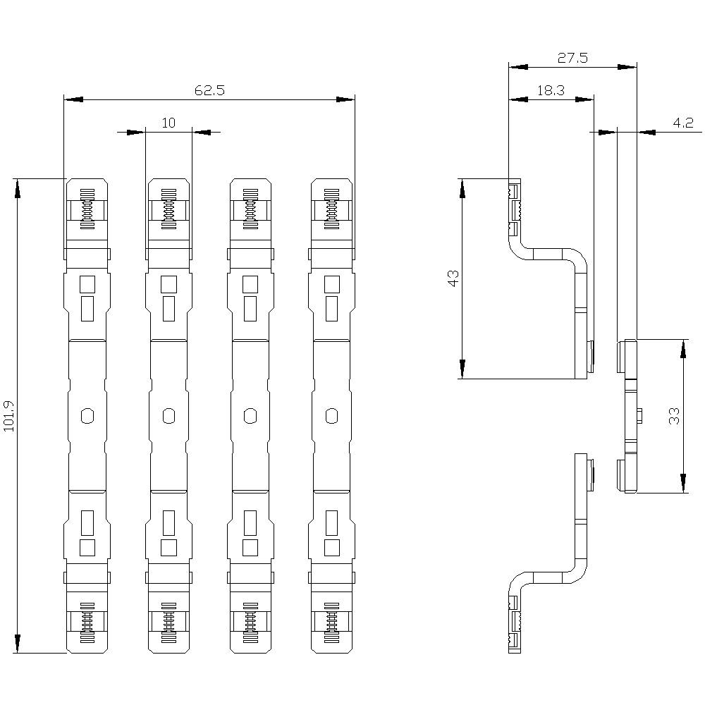 Technische tekening van een onderdeel met afmetingen in millimeters. Toont vooraanzicht en zijaanzicht met gedetailleerde meetwaarden.