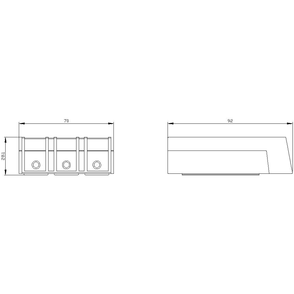 Technische tekening van een rechthoekig onderdeel. Links vooraanzicht, rechts zijaanzicht. Afmetingen: breedte 70, diepte 92, hoogte 126.