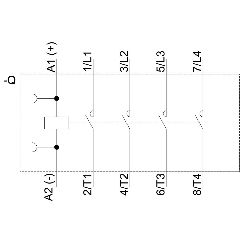 'Laagspanning-hoofdschakelaar' diagram met schakelaarserie. Links tonen A1 (+) en A2 (-). Aansluitingen: 1/L1, 3/L2, 5/L3, 7/L4 boven; 2/T1, 4/T2, 6/T3, 8/T4 beneden.