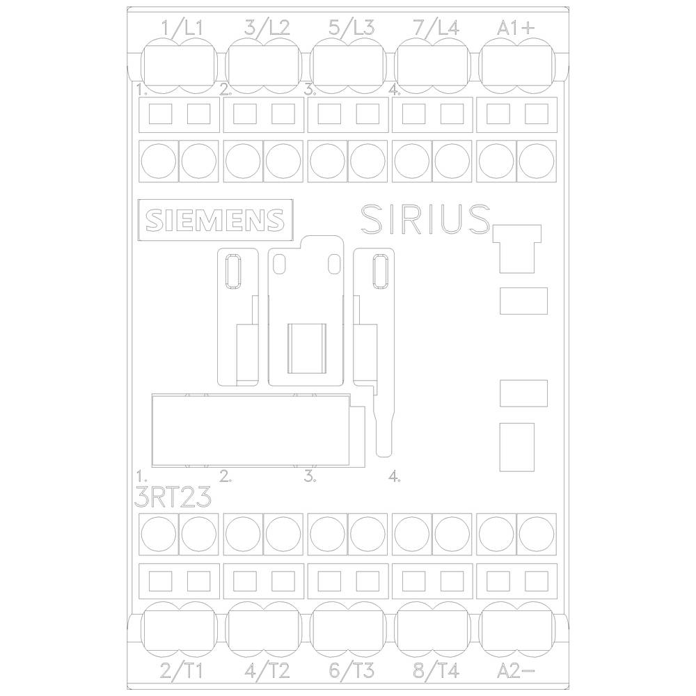 Tekening van een Siemens SIRIUS contactor, toont de aansluitklemmen boven en beneden, met aanduidingen voor elektrische contacten.