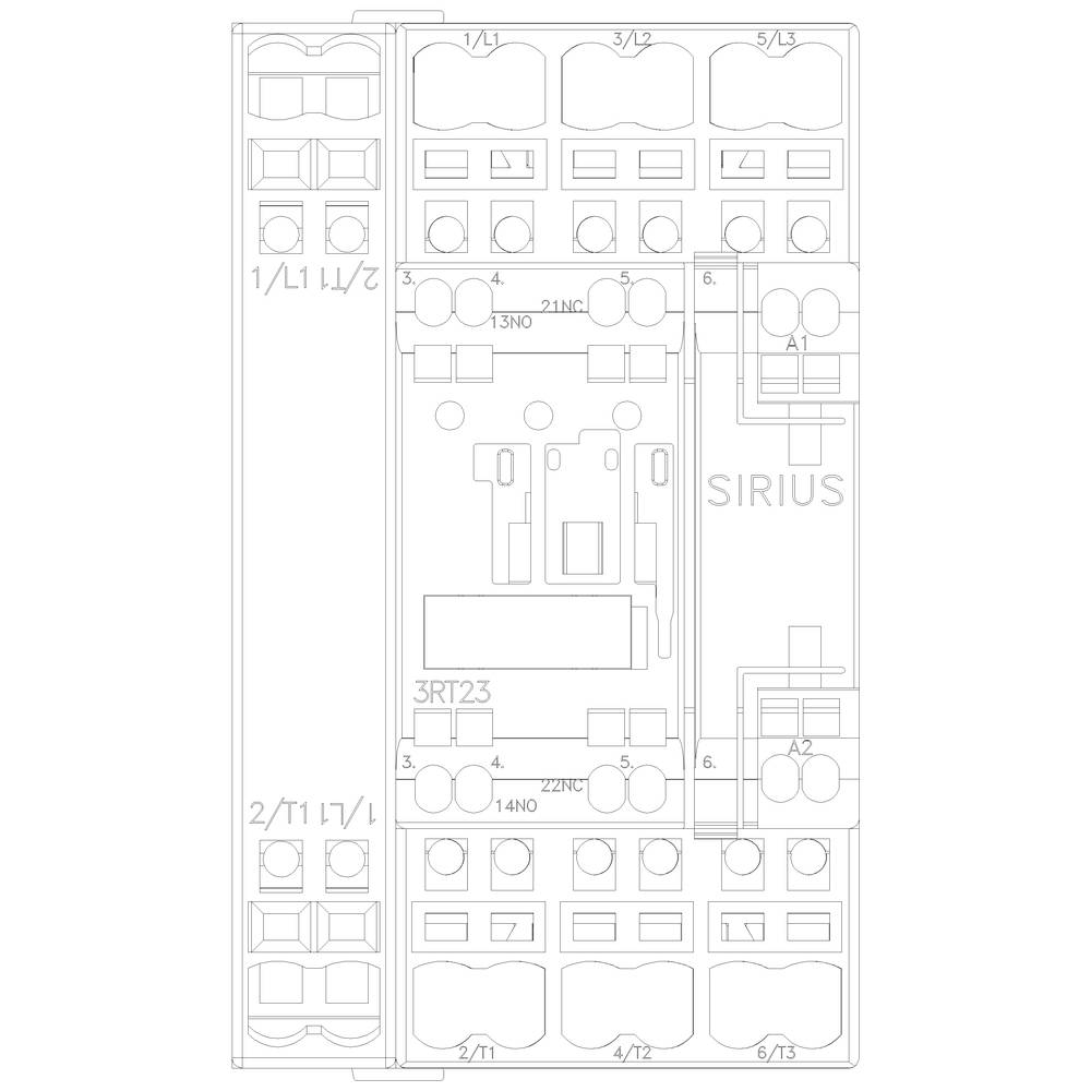 Diagram van een schakeleenheid met labels voor verschillende aansluitpunten en componenten, inclusief 'SIRIUS' en '3RT23'.