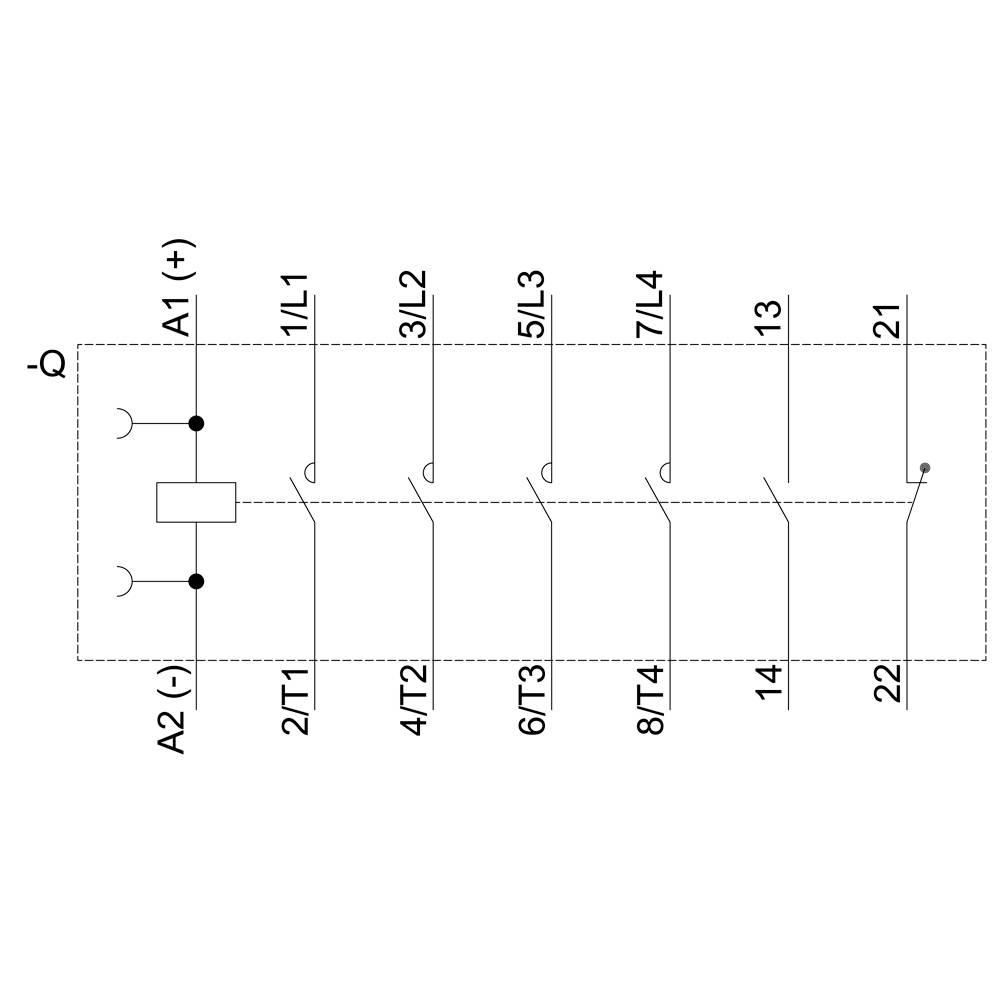 Schakelschema van een elektrische schakelaar: toont verschillende genummerde aansluitingen (A1, A2, 1/L1, 3/L2, 5/L3, etc.) en hun verbindingen.
