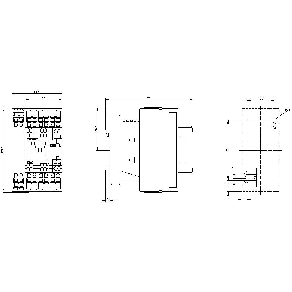 Technische tekening van een elektrisch onderdeel met maatvoering. De voor- en zijaanzichten tonen gedetailleerde afmetingen en aansluitingen.