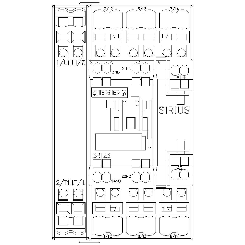 Bedradingsschema van een SIRIUS schakelaar-eenheid van Siemens, toont aansluitpunten en nummers. Modelnummer 3RT23 is vermeld.