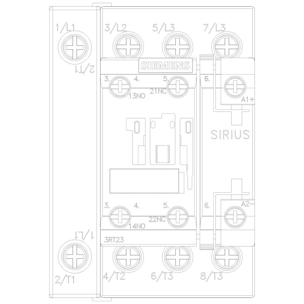 Technische tekening van een Siemens SIRIUS schakelmodule met aansluitingen en labels. Bovenzijde geeft ingangen en klemaanduidingen aan.