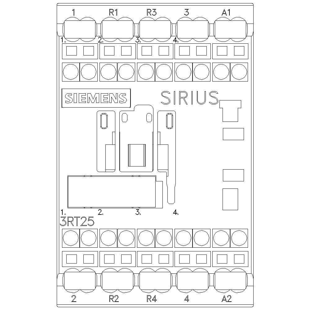 Afbeelding van een Siemens SIRIUS schakeltoestel met aansluitingen, labels '3RT25' en genummerde klemmen 1 tot 4.