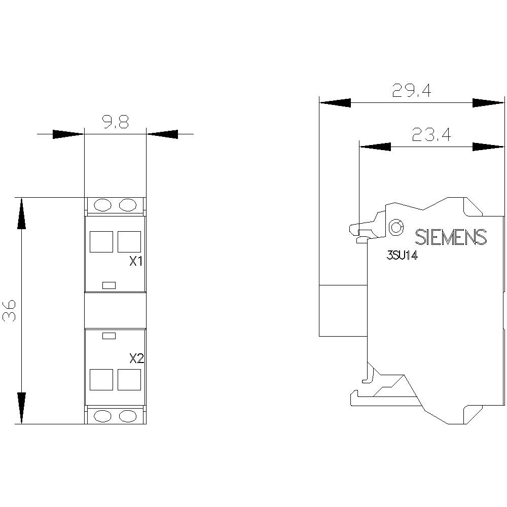 Technische tekening van een Siemens-relaiscomponent met afmetingen. Links toont een vooraanzicht met een hoogte van 36 mm, rechts een zijaanzicht met breedtematen.