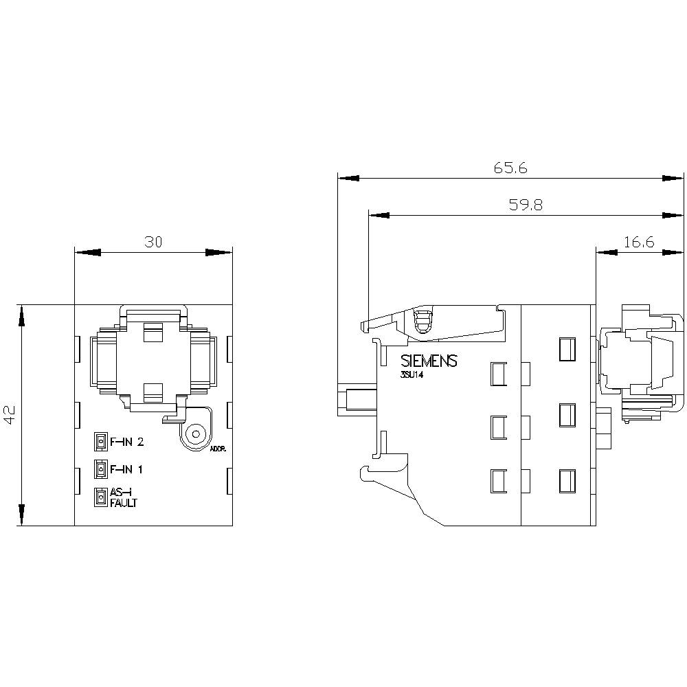 Technische tekening van een Siemens-apparaat met afmetingen: breedte 59,8 mm, hoogte 42 mm, diepte 16,6 mm. Vooraanzicht en zijaanzicht.