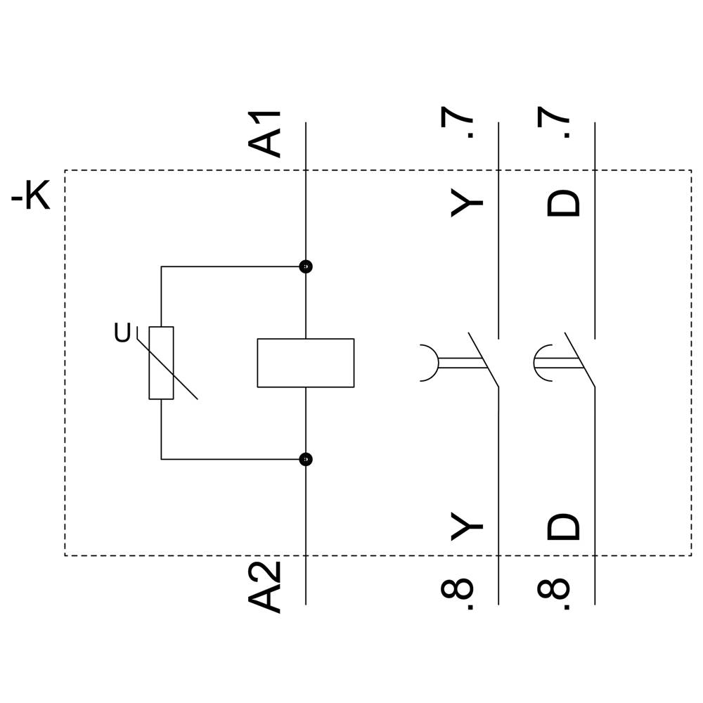 Het diagram toont een elektrisch schakelschema met de aansluitingen A1, A2 en K. Er zijn verbindingen met de aanduidingen U, Y en D.